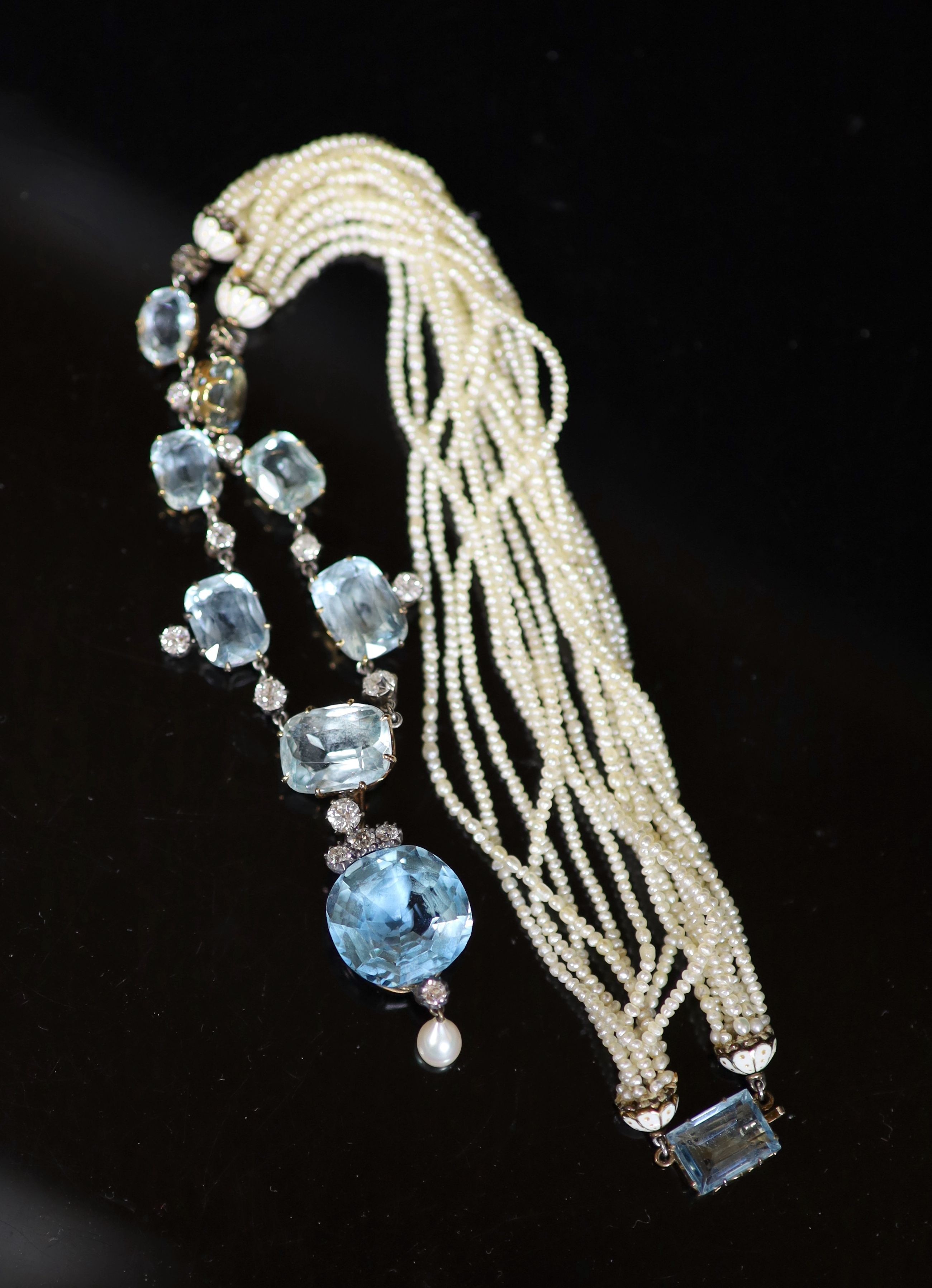 A 19th century gold and silver, aquamarine, diamond, pearl and enamel set multi strand seed pearl drop necklace